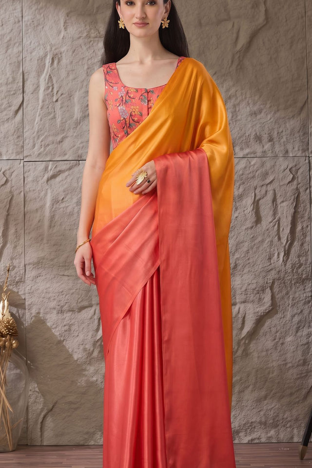 Orange Solid Satin Ready to Wear Saree (ACA9899)
