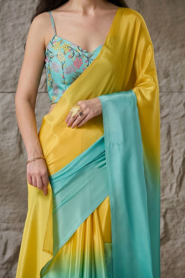 Turquoise Solid Satin Ready to Wear Saree (ACA9901)