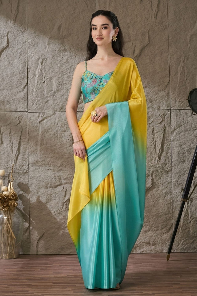 Turquoise Solid Satin Ready to Wear Saree (ACA9901)