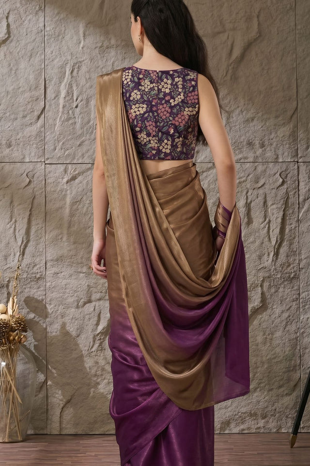 Purple Solid Satin Ready to Wear Saree (ACA9902)