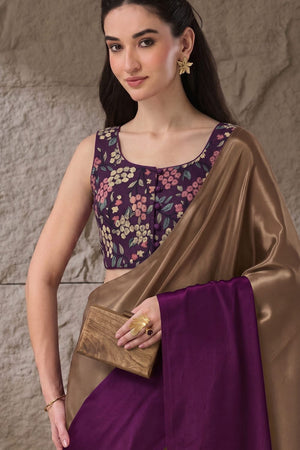 Purple Solid Satin Ready to Wear Saree (ACA9902)