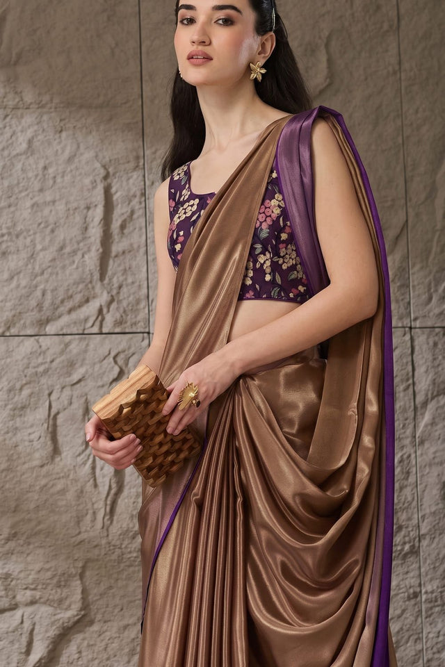 Purple Solid Satin Ready to Wear Saree (ACA9902)