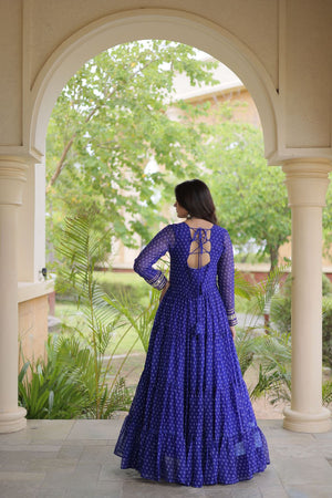 Blue Bandhani Printed with Embroidered Georgette Free Size Stitched Gown (ACA9903)