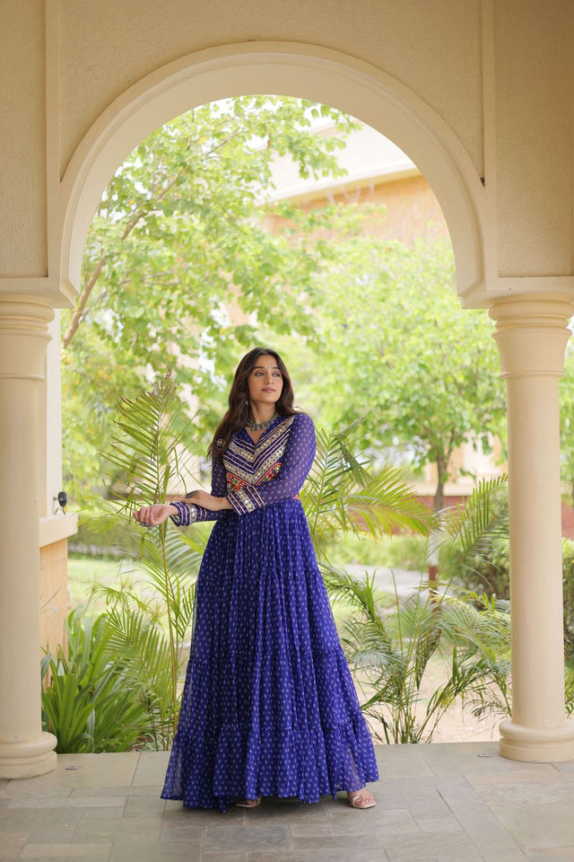 Blue Bandhani Printed with Embroidered Georgette Free Size Stitched Gown (ACA9903)