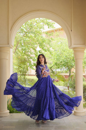 Blue Bandhani Printed with Embroidered Georgette Free Size Stitched Gown (ACA9903)