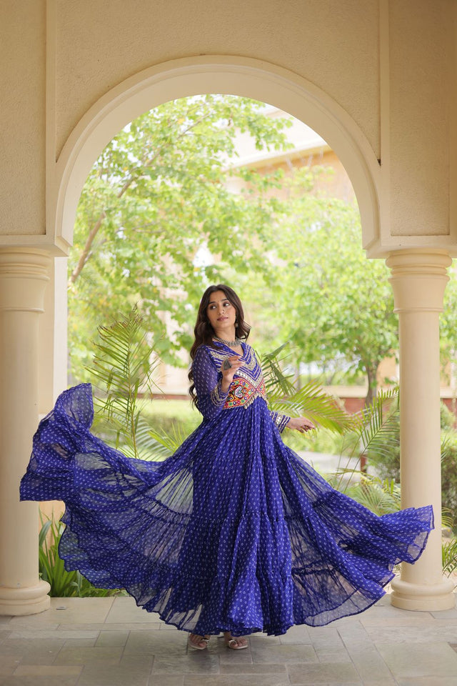 Blue Bandhani Printed with Embroidered Georgette Free Size Stitched Gown (ACA9903)