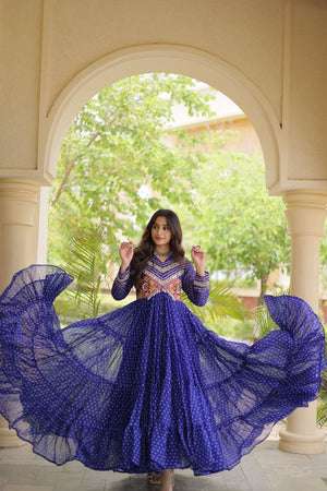 Blue Bandhani Printed with Embroidered Georgette Free Size Stitched Gown (ACA9903)