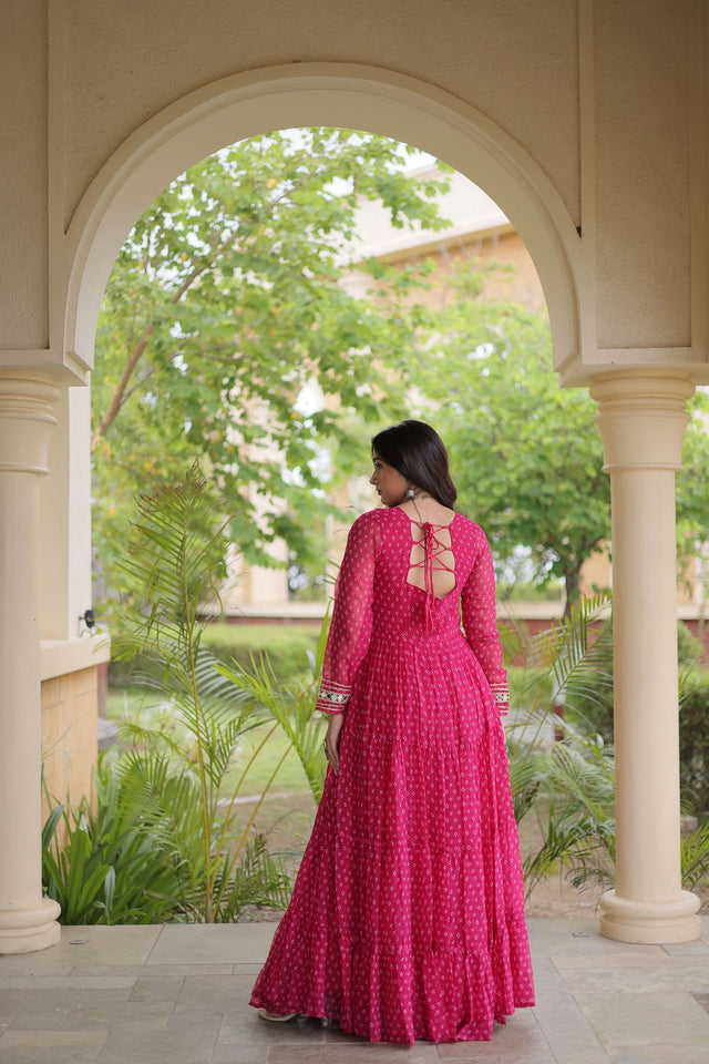 Pink Bandhani Printed with Embroidered Georgette Free Size Stitched Gown (ACA9904)