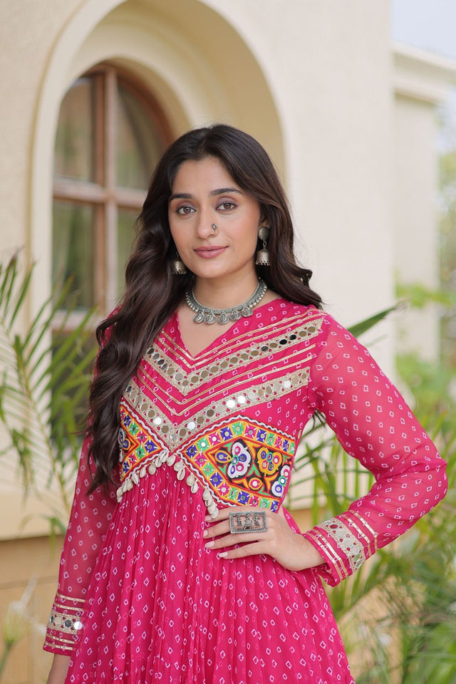 Pink Bandhani Printed with Embroidered Georgette Free Size Stitched Gown (ACA9904)