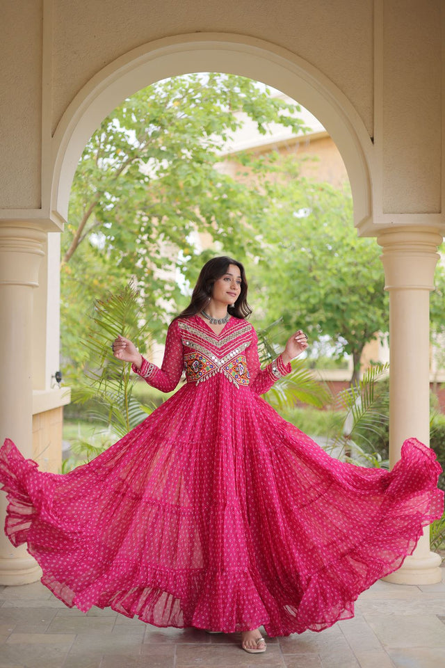 Pink Bandhani Printed with Embroidered Georgette Free Size Stitched Gown (ACA9904)