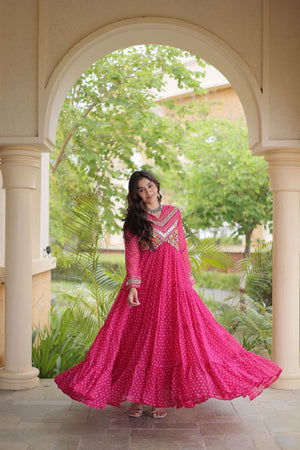 Pink Bandhani Printed with Embroidered Georgette Free Size Stitched Gown (ACA9904)