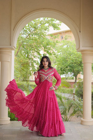 Pink Bandhani Printed with Embroidered Georgette Free Size Stitched Gown (ACA9904)