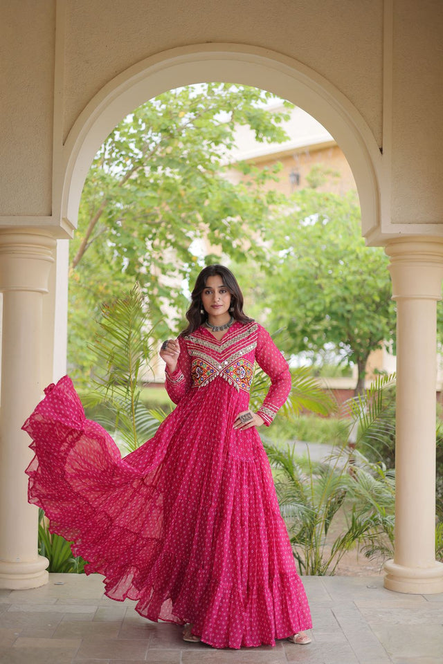 Pink Bandhani Printed with Embroidered Georgette Free Size Stitched Gown (ACA9904)