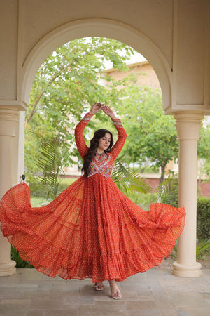 Rust Bandhani Printed with Embroidered Georgette Free Size Stitched Gown (ACA9905)