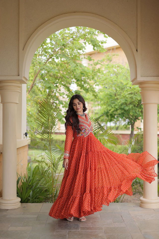 Rust Bandhani Printed with Embroidered Georgette Free Size Stitched Gown (ACA9905)