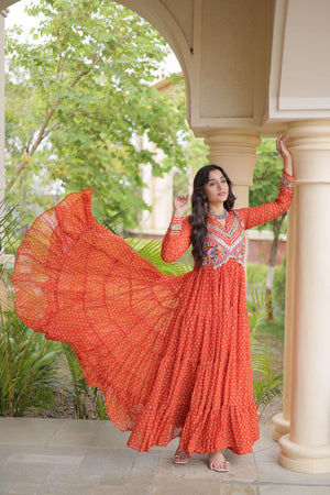 Rust Bandhani Printed with Embroidered Georgette Free Size Stitched Gown (ACA9905)