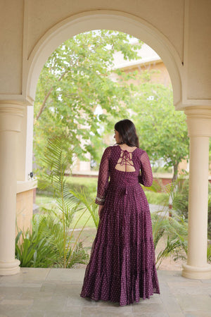 Wine Bandhani Printed with Embroidered Georgette Free Size Stitched Gown (ACA9906)