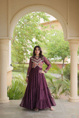 Wine Bandhani Printed with Embroidered Georgette Free Size Stitched Gown (ACA9906)