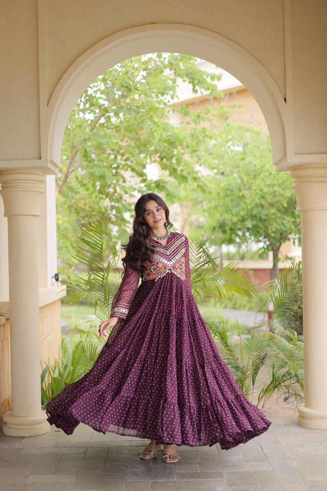 Wine Bandhani Printed with Embroidered Georgette Free Size Stitched Gown (ACA9906)