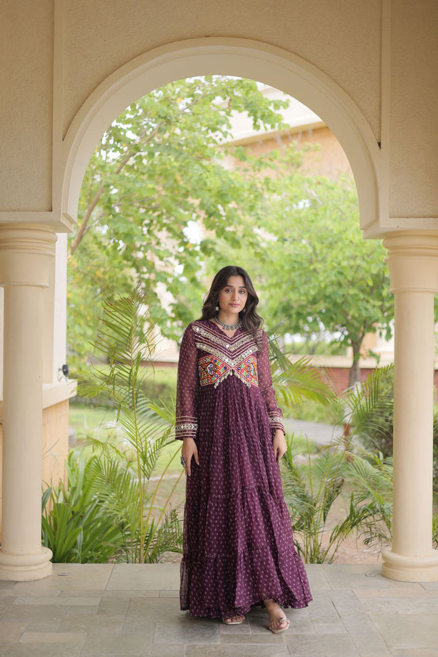 Wine Bandhani Printed with Embroidered Georgette Free Size Stitched Gown (ACA9906)