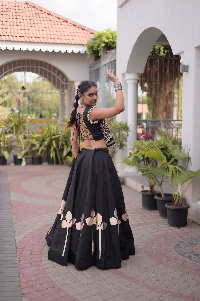 Black Gota Patti Work Silk Free Size Stitched Lehenga (ACA9907)
