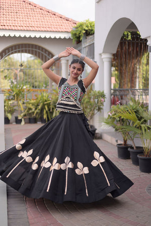 Black Gota Patti Work Silk Free Size Stitched Lehenga (ACA9907)