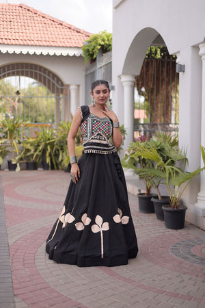 Black Gota Patti Work Silk Free Size Stitched Lehenga (ACA9907)