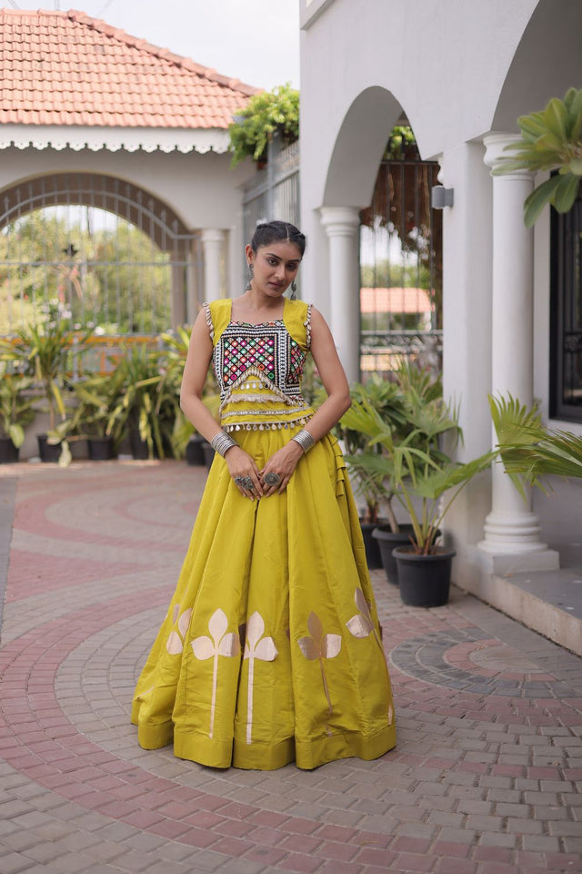 Green Gota Patti Work Silk Free Size Stitched Lehenga (ACA9909)