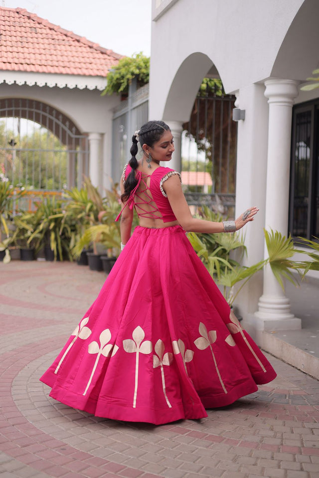 Pink Gota Patti Work Silk Free Size Stitched Lehenga (ACA9910)