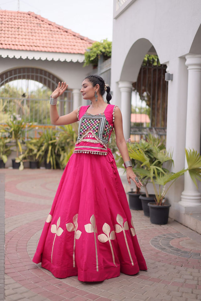 Pink Gota Patti Work Silk Free Size Stitched Lehenga (ACA9910)