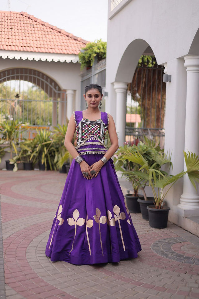 Purple Gota Patti Work Silk Free Size Stitched Lehenga (ACA9911)