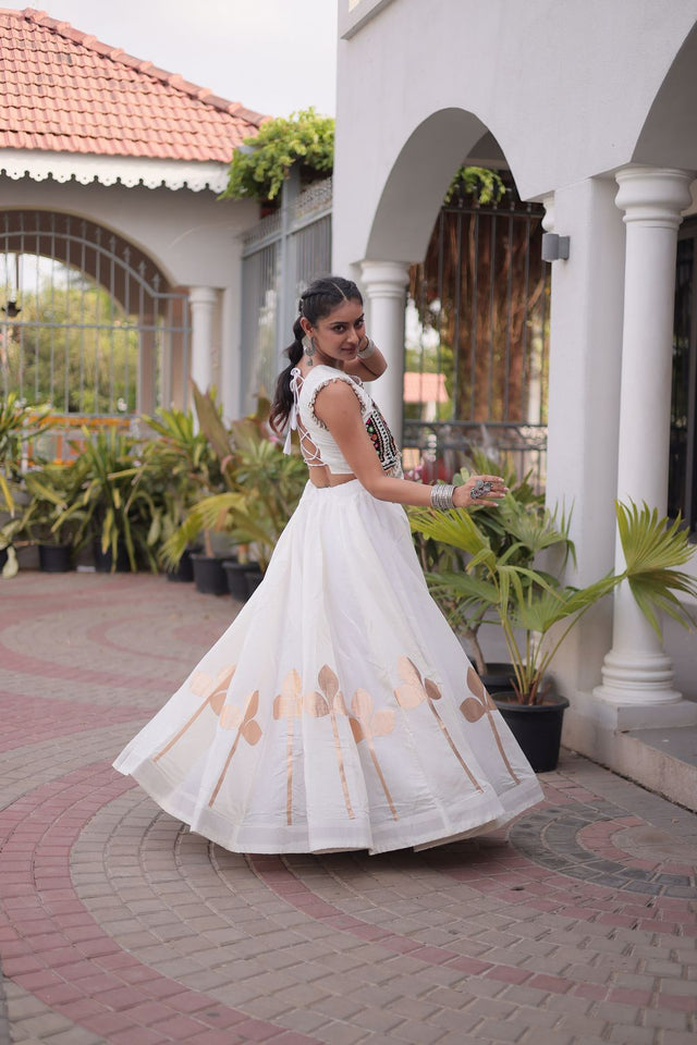 White Gota Patti Work Silk Free Size Stitched Lehenga (ACA9912)