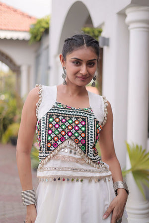 White Gota Patti Work Silk Free Size Stitched Lehenga (ACA9912)