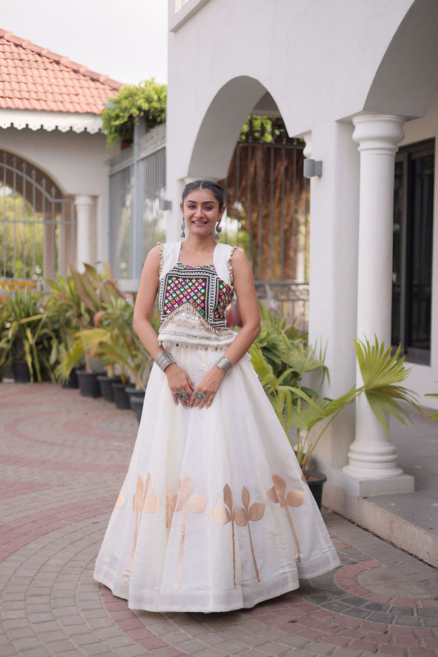 White Gota Patti Work Silk Free Size Stitched Lehenga (ACA9912)