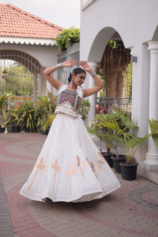 White Gota Patti Work Silk Free Size Stitched Lehenga (ACA9912)