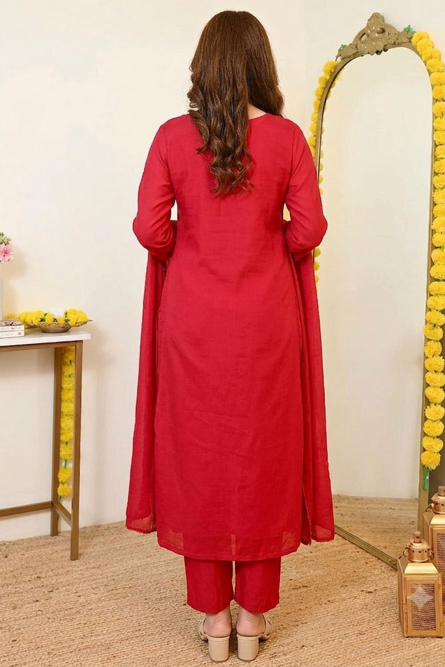 Red Floral Embroidered Chanderi Kurti Pant Set (ACA9921)