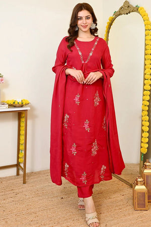 Red Floral Embroidered Chanderi Kurti Pant Set (ACA9921)