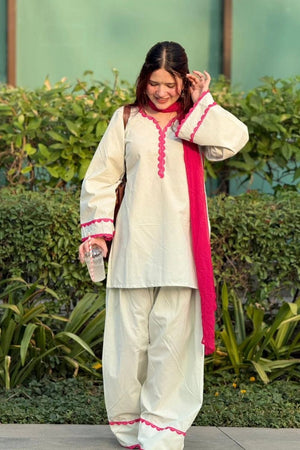 Off White Embroidered Cotton Kurti Pant Set (ACA9922)