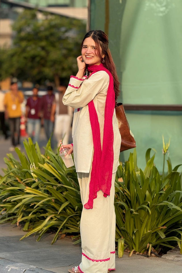Off White Embroidered Cotton Kurti Pant Set (ACA9922)