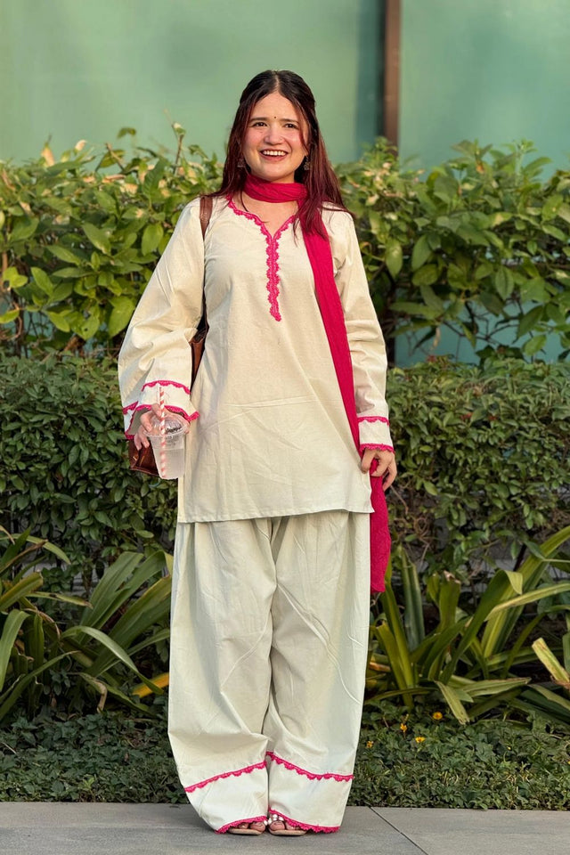 Off White Embroidered Cotton Kurti Pant Set (ACA9922)
