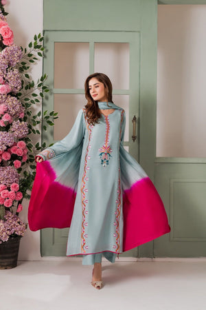 Blue Floral Embroidered Crepe Kurti Palazzo Set (ACA9923)