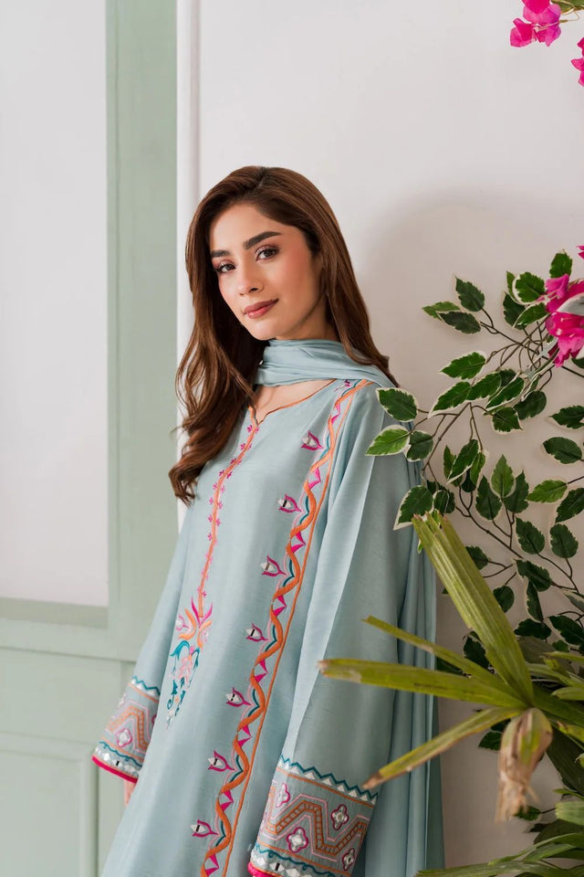 Blue Floral Embroidered Crepe Kurti Palazzo Set (ACA9923)