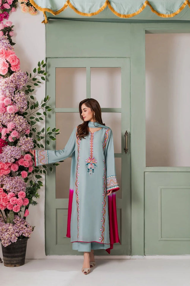 Blue Floral Embroidered Crepe Kurti Palazzo Set (ACA9923)