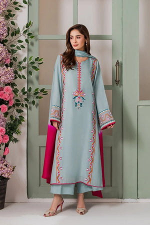 Blue Floral Embroidered Crepe Kurti Palazzo Set (ACA9923)