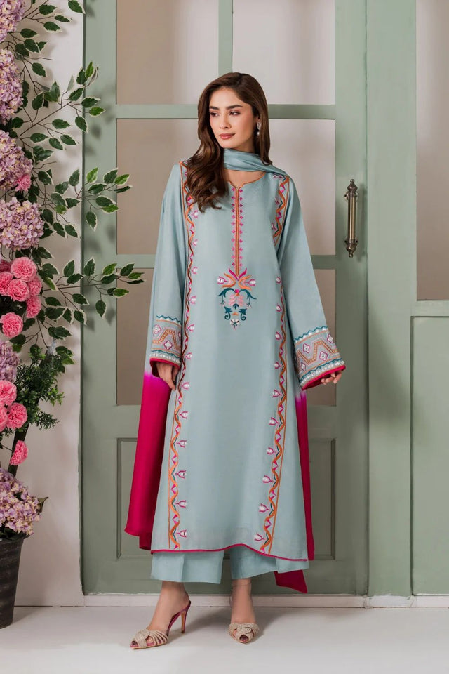 Blue Floral Embroidered Crepe Kurti Palazzo Set (ACA9923)
