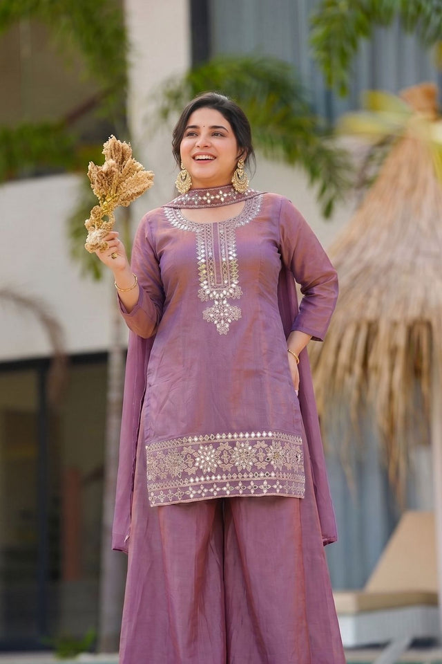 Lavender Floral Embroidered Silk Palazzo Suit (ACA9924)