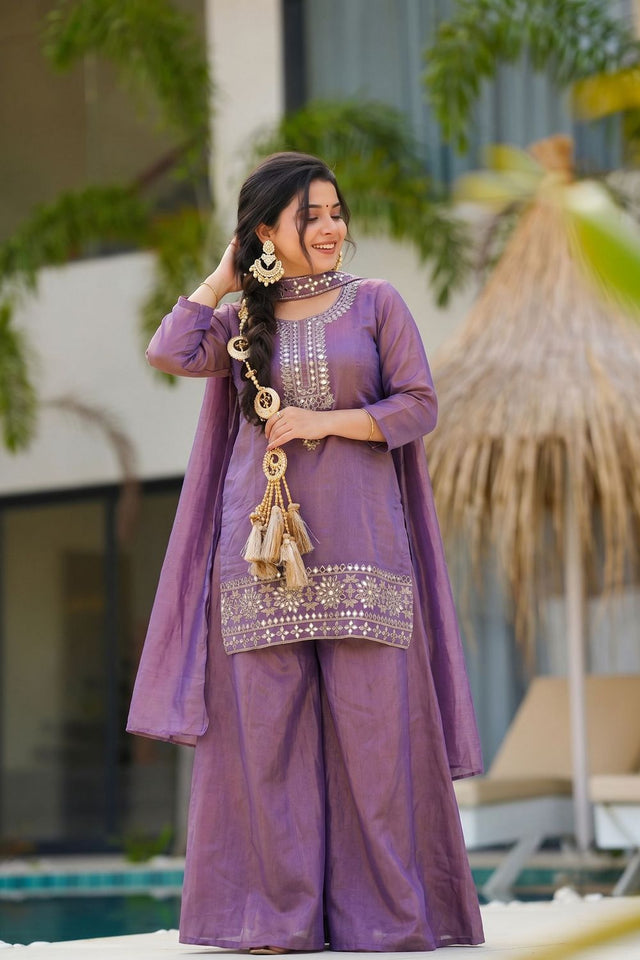Lavender Floral Embroidered Silk Palazzo Suit (ACA9924)