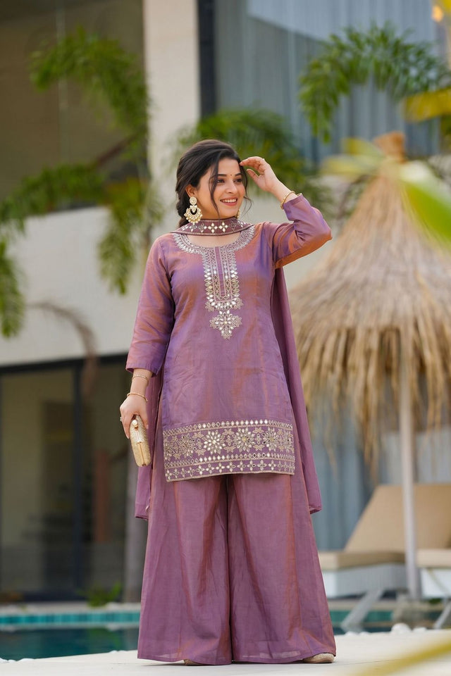 Lavender Floral Embroidered Silk Palazzo Suit (ACA9924)