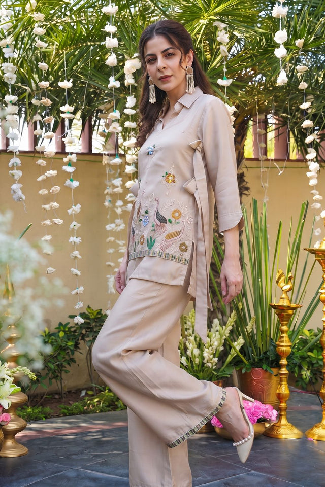 Cream Embroidered Viscose Co-Ord Set (ACA9925)