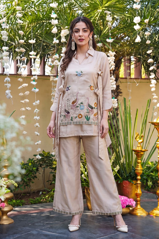Cream Embroidered Viscose Co-Ord Set (ACA9925)